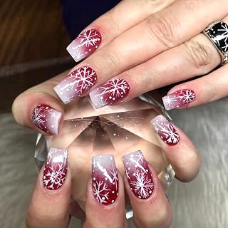 Christmas Press on Nails Medium Square Fake Nails with Designs Snowflake Stick on Nail French Acrylic False Nail Melting Snow Artificial Nail Glossy Full Cover Glue on Nails for Women