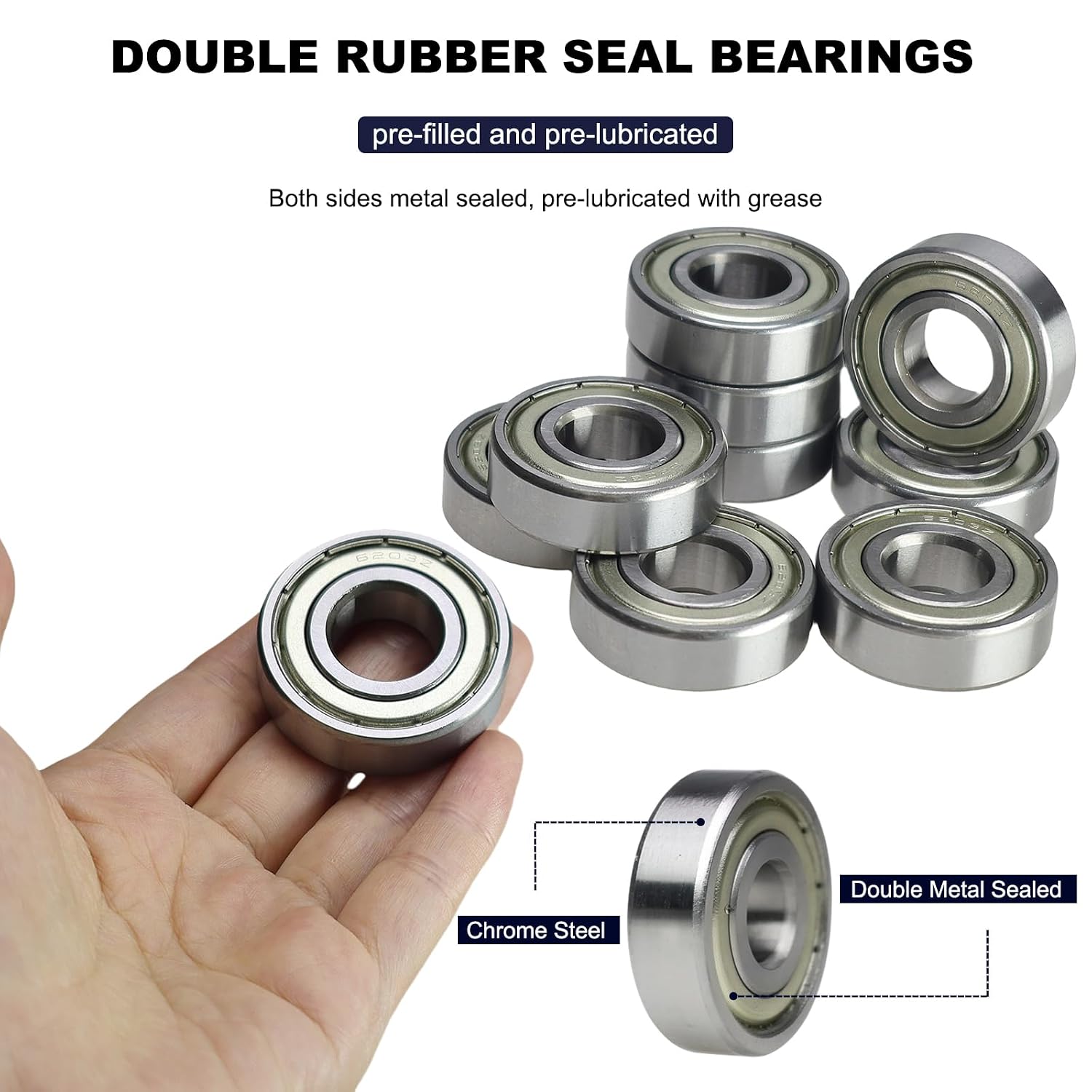 10 PCS 6203-ZZ Double Metal Seal Deep Groove Ball Bearings, Pre-Lubricated and Stable Performance and Cost Effective Bearings (6203 ZZ)
