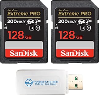 SanDisk 128GB SD Extreme Pro Memory Card (Two Pack) Works with Nikon D3500, D7500, D5600 Digital DSLR Camera (SDSDXXD-128G-GN4IN) Bundle with (1) Everything But Stromboli MicroSDXC & SD Card Reader