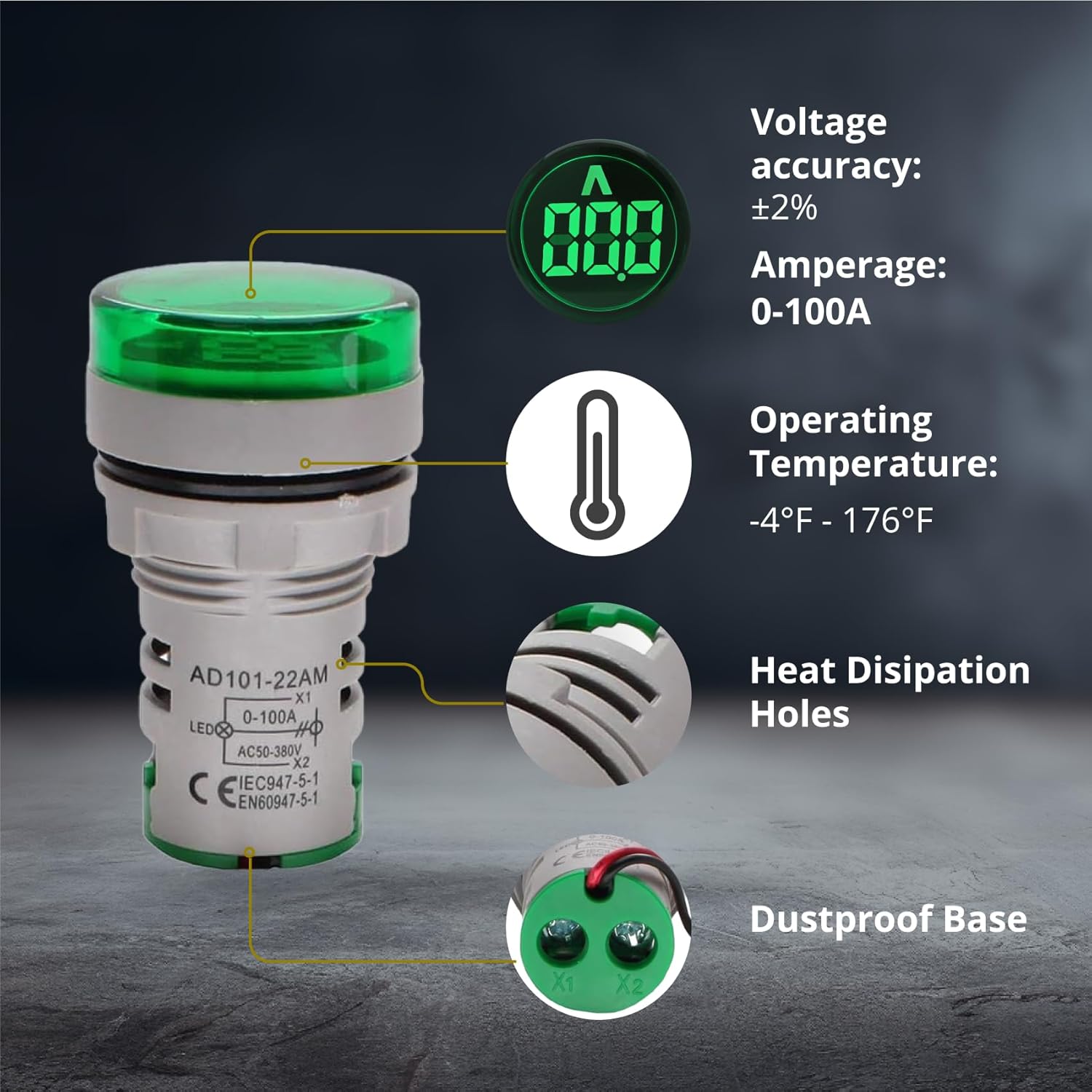 Digital Led Display Indicator Ammeter, 0-100A Max AC380 Current Meter and 220V - Gauge Meter, Tester Amp Monitor - AD101-22AM Model, Circle Panel, Green (10 Pack)