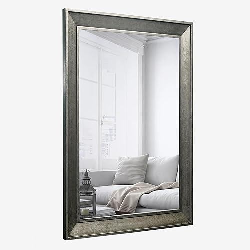WIOWUR Espejo rectangular para pared, espejo rústico de 20 x 30 pulgadas con marco de madera para sala de estar, entrada, dormitorio (gris plateado)