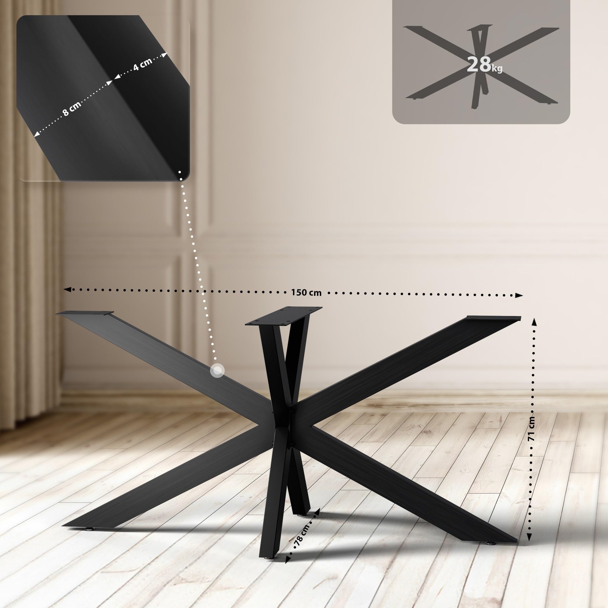 CLP Tischbeine Hardwick I Tischkufen für DIY-Tische mit Höhe 71 cm I Sternförmiges Tischgestell aus pulverbeschichtetem Stahl Farbe Industrial schwarz Größe 150x78x71 cm