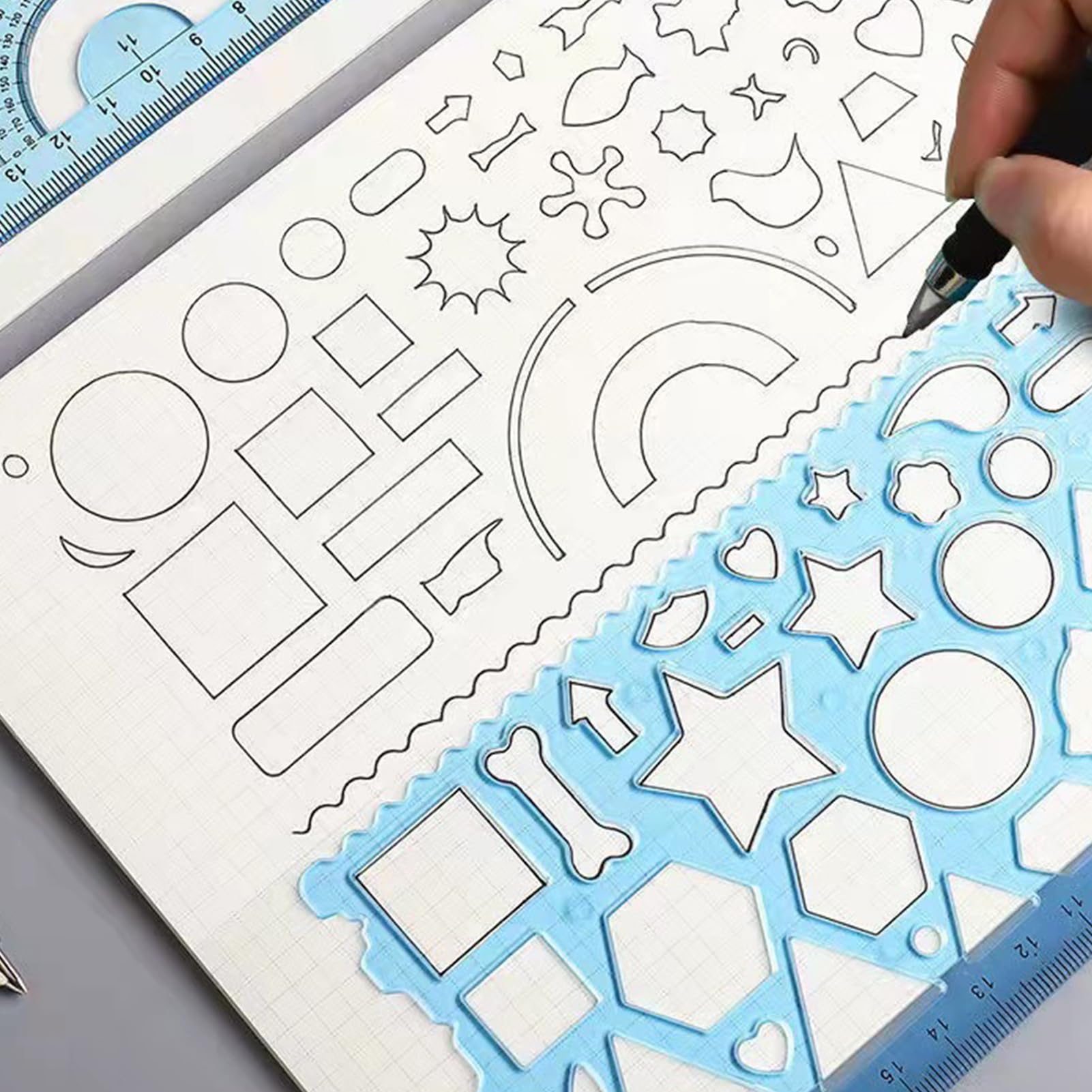 7 Piezas Reglas Geométricas y Plantillas de Círculo para Dibujo y Pintura, Regla Plástica, Herramienta de Medición para Niños (Azul)