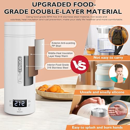 Miniatura 6 de Hervidor eléctrico portátil, hervidor de viaje, pequeño hervidor de té portátil, caldera de agua caliente, mini hervidor de agua de acero inoxidable