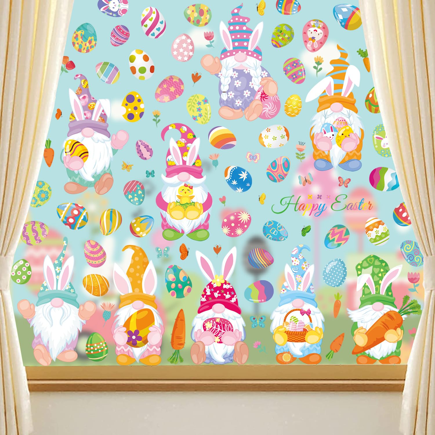 6 Adesivi Per Finestre Di Pasqua JEYORZY - Coniglietti, Uova E Pulcini - Sticker Rimovibili E Riutilizzabili