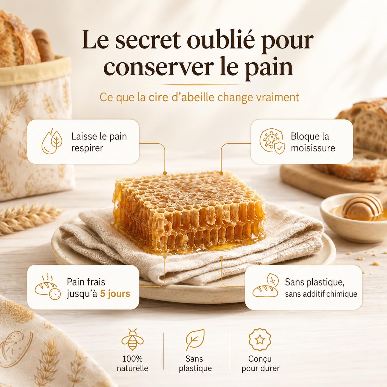 La Maison De Louise Sac À Pain En Cire D'Abeille Réutilisable Coton Naturel Conservation Fraîcheur 43x33cm (Formule 3,2PCS)