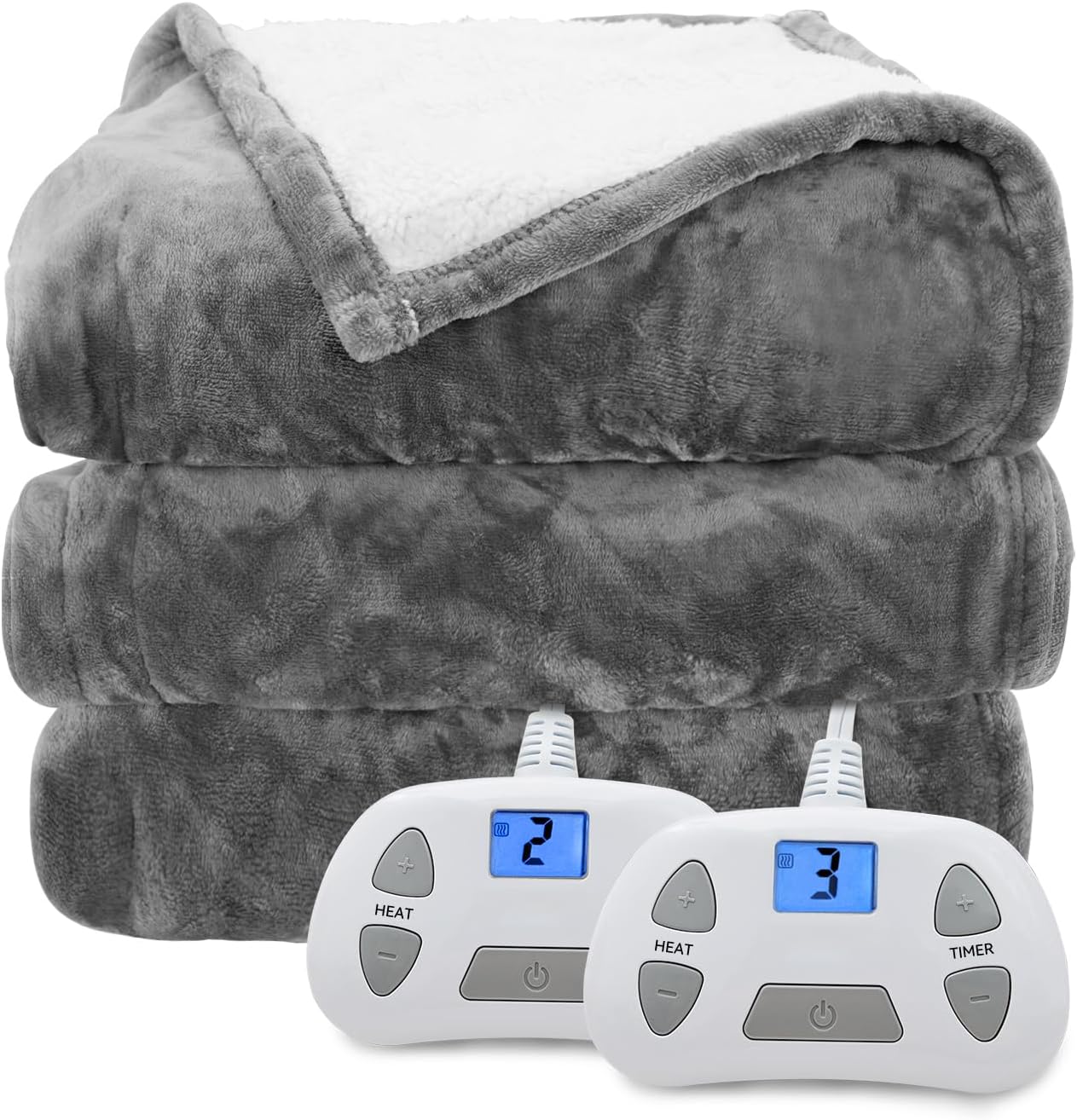 Heated Electric Blanket King Size 90"×100" Soft Flannel and Sherpa Warm Blanket Dual Controllers Heating Blanket,10 Heating Levels,12 Hour Auto-Off,Gray