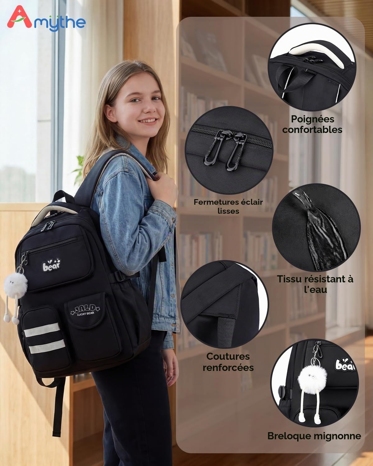 Amythe Sac à Dos Scolaire pour Filles Adolescentes, Cartable Fille Ergonomique Imperméable, Grand Sac D'école pour Primaire(CE2 CM1 CM2) Collège Lycée, 10-18 Ans -Noir