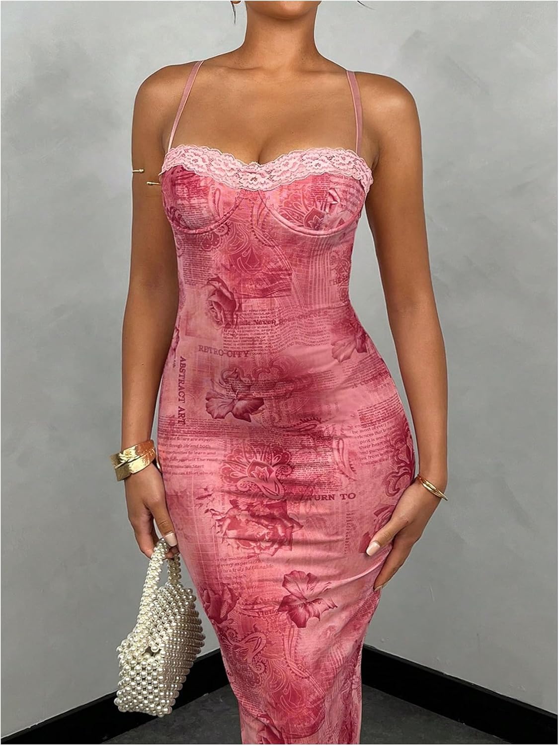 WDIRARA Women's Floral Print Sleeveless Bodycon Dress Lace Up Split Back Long Cami Dress - Image 5