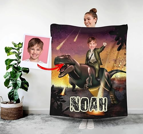 Manta personalizada, manta de fotos de dinosaurio para niños, mantas personalizadas de dinosaurio para niños y hombres, regalo de foto personalizado