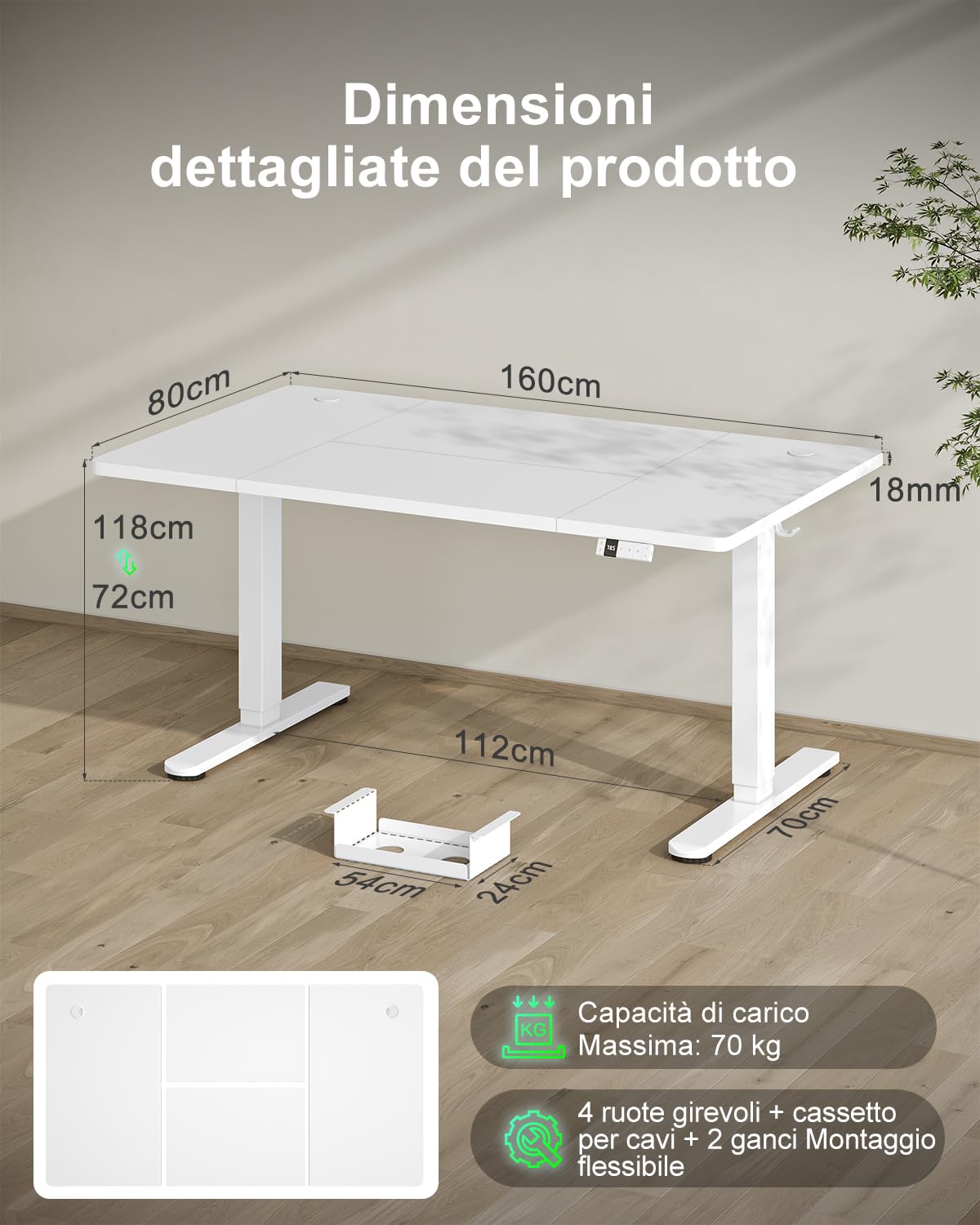 Devoko 160 x 80 cm scrivania regolabile in altezza, Ufficio con quattro sezioni, scrivania per computer con funzione di memoria, Bianco