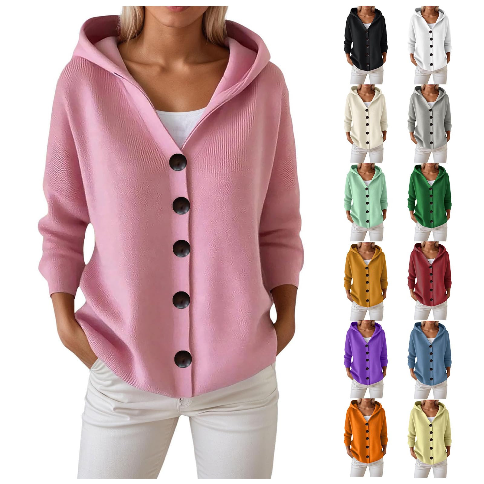 Womens Hoodie Sweaters Button Down Open Front Knit Sweater Lightweight Long Sleeve Hooded Sweaters Pullover Hoodies