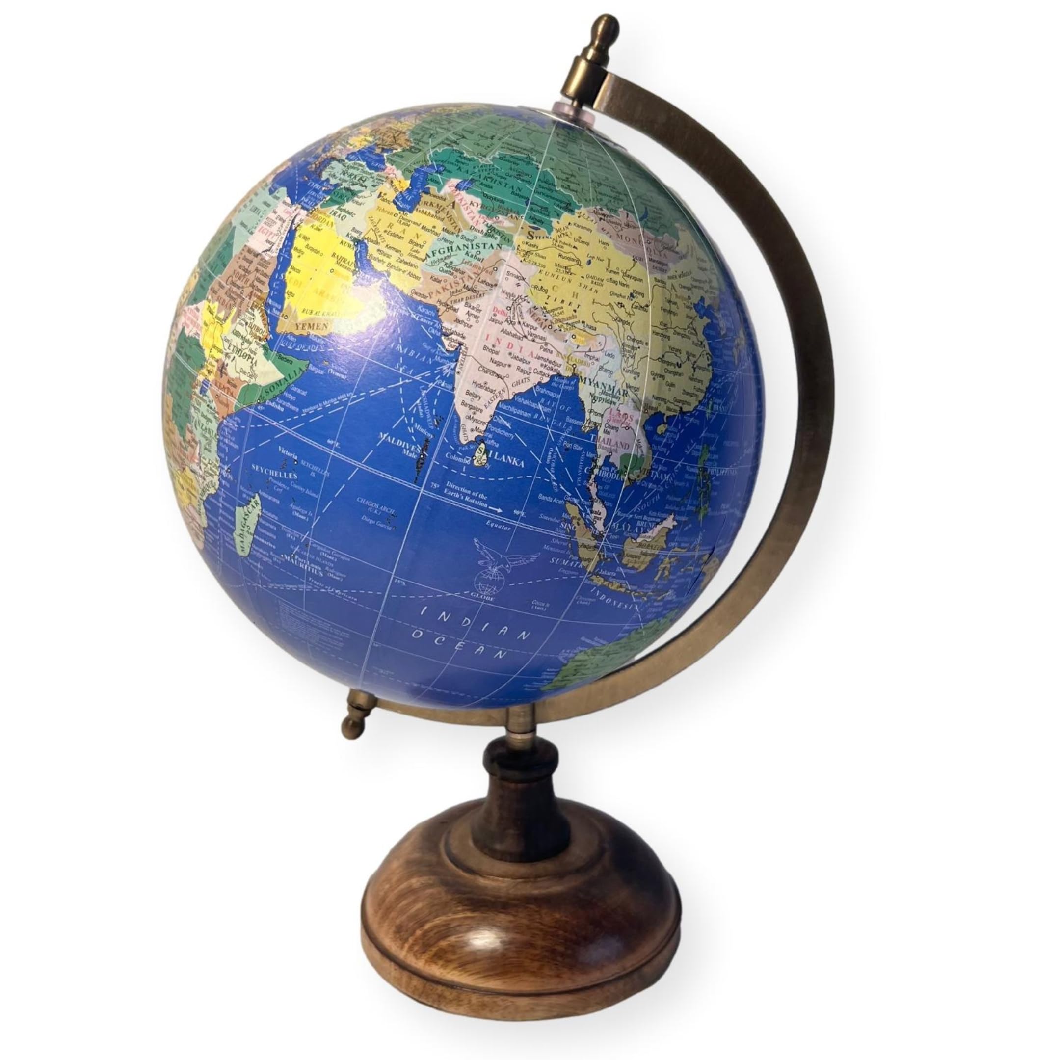 20cm Globe with Wooden Base & Metal Arc - Rotating Vintage World Globe, Educational Geographic Desktop Accessory