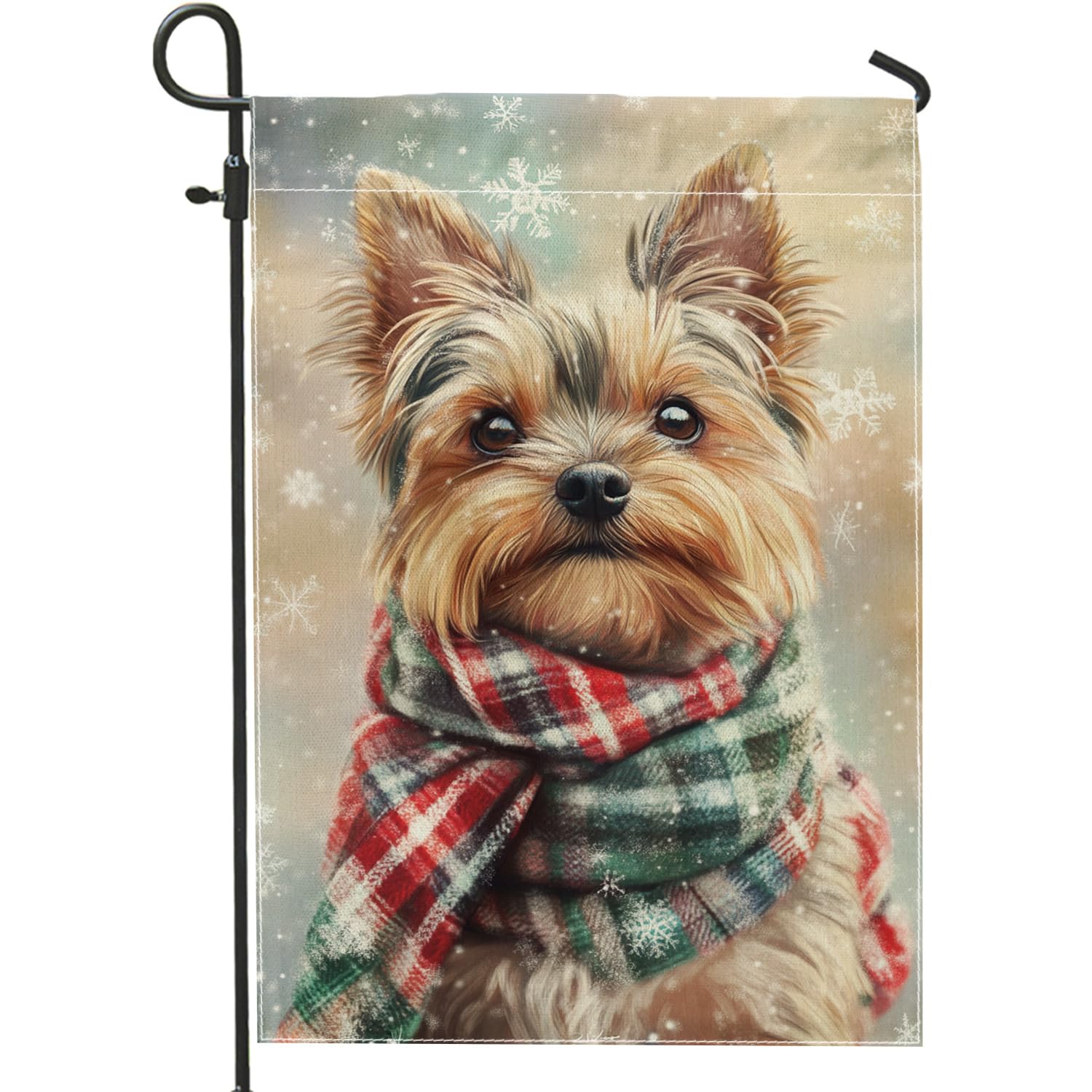 Winter Snowflakes Dog Garden Flag, Cute Yorkshire Terrier with Scarf Outdoor Decor, Double Sided Burlap Yard Flag Holiday Lawn Decoration 12x18 Inch
