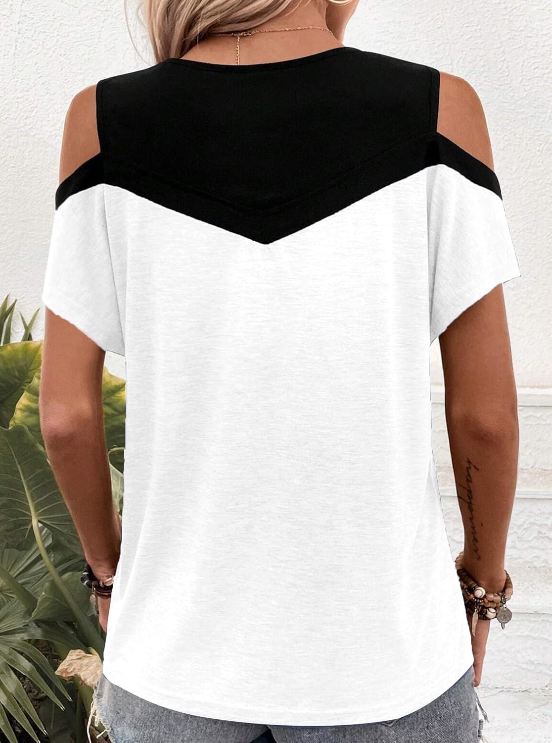 Hilinker Women's Cut Out Cold Shoulder Tops Summer Color Block Short Sleeve Sexy Shirts - Image 2