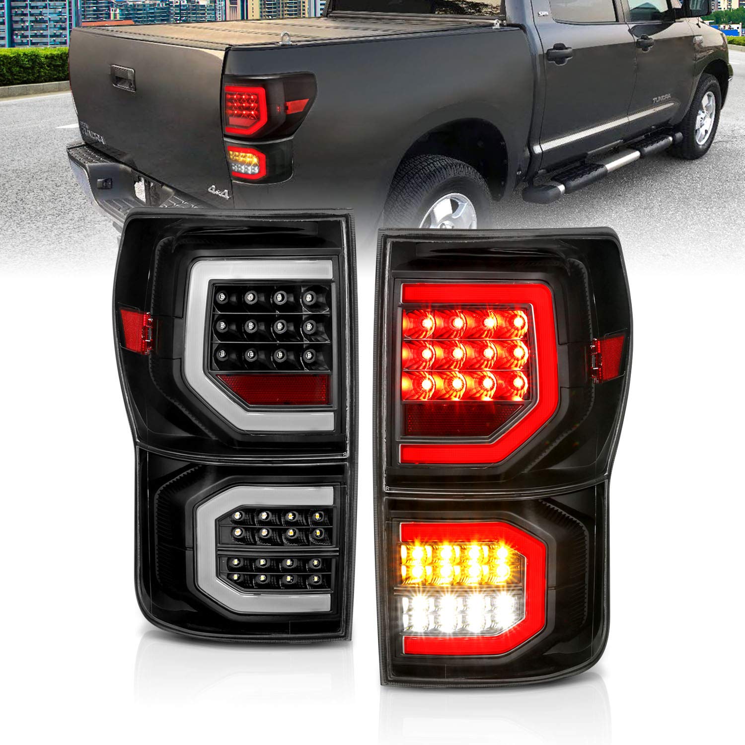 AmeriLite for 2007-2013 Toyota Tundra Pickup Crystal Black [Full LED] Dual C-Type Tube Replacement Taillights Brake Lamp Pair - Passenger and Driver Side