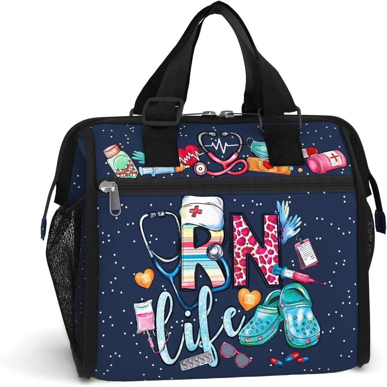 84hoods Large Lunch Box for Women. Insulated Lunch Bag for Work Office Travel Picnic with Adjustable Strap. Registered Nurse Gift. RN Life Galaxy.