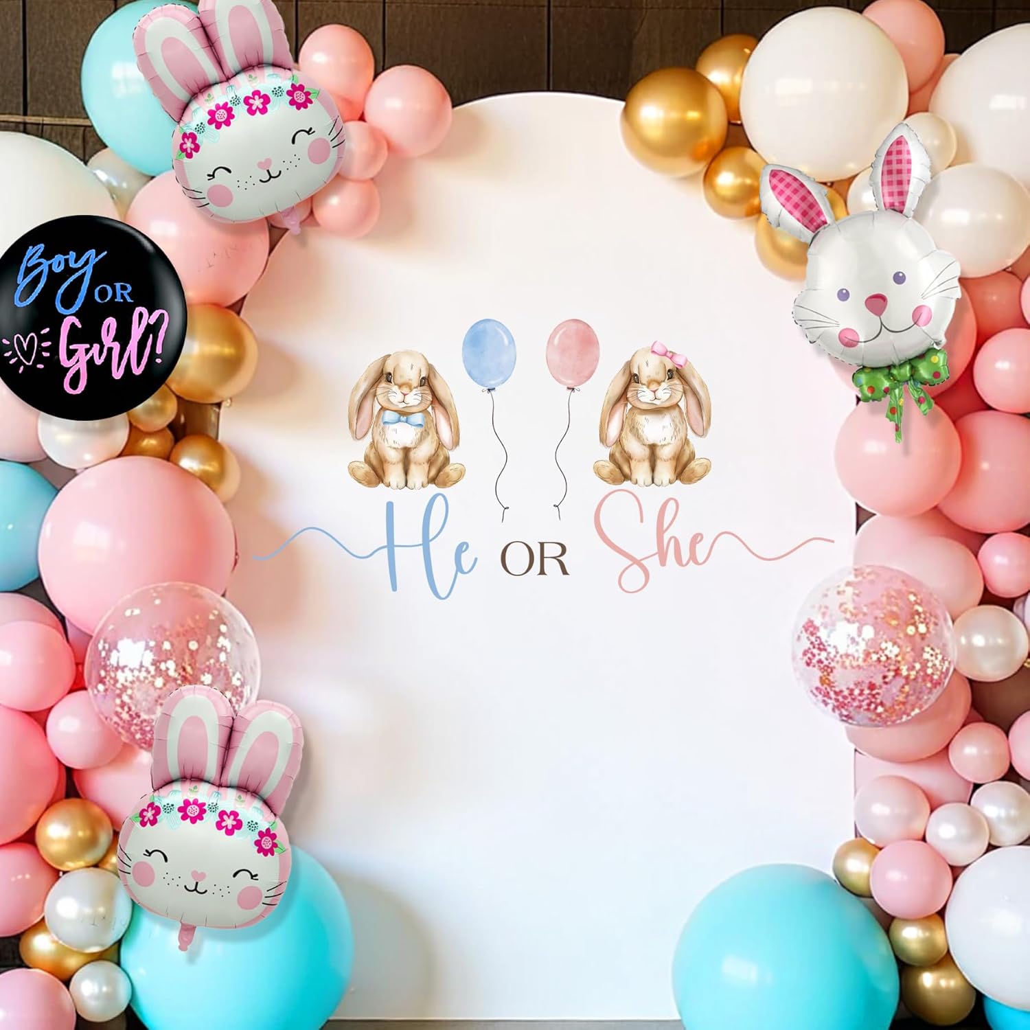 Bunny Gender Reveal Decorations - He or She Sign Decals for Balloon Arch Backdrop, Boy or Girl Bunny Party Decor, Rabbit Theme Decals Stickers Party Supplies