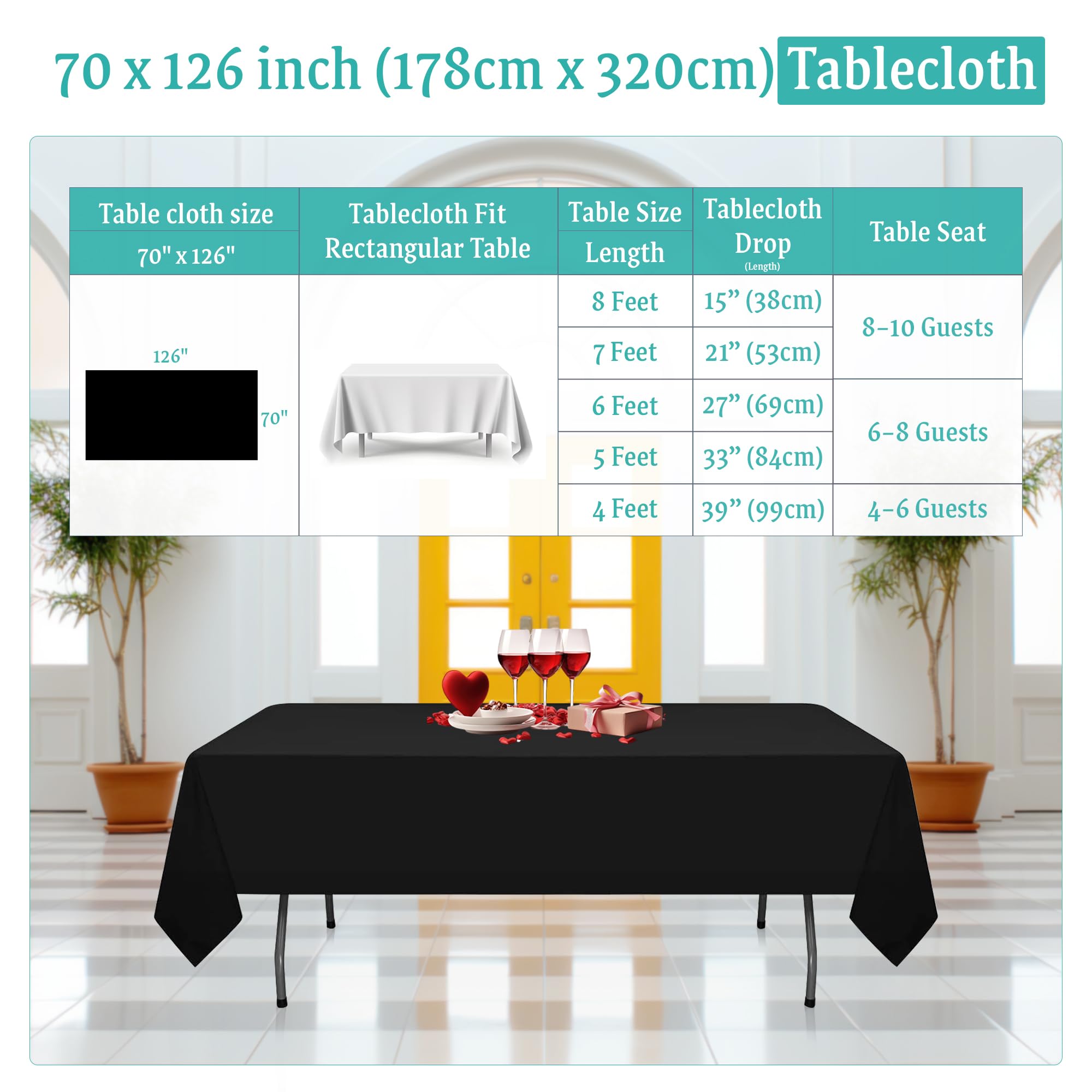 Trimming Shop Mantel Rectangular de poliéster Negro, 70 x 126 Pulgadas, Mantel de Lino, Mantel de Tela, 5 Piezas