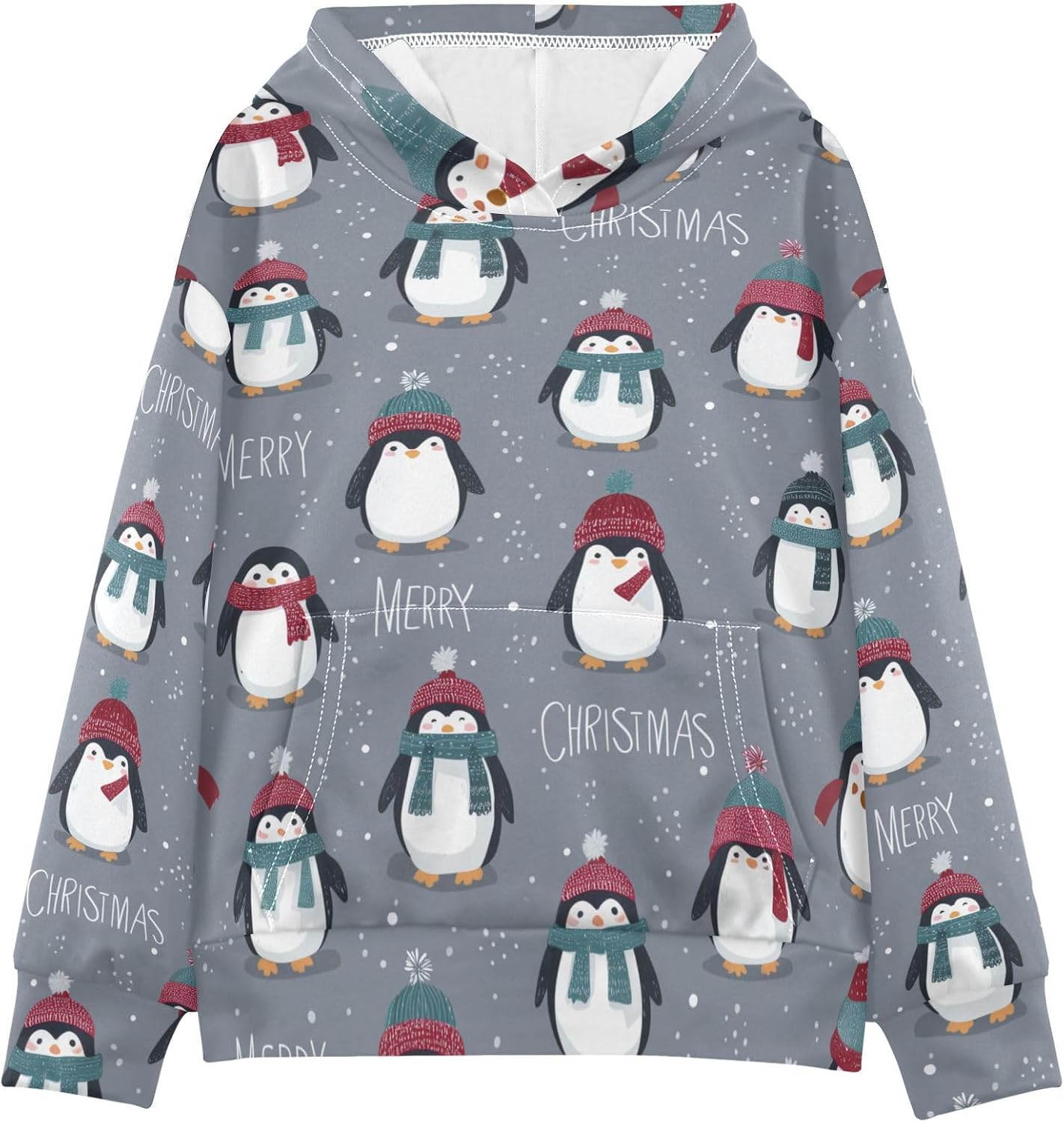 ZZXXB Merry Christmas Penguin Print Kids Sweatshirts Boys Girls Hooded Kangaroo Pocket Pullover Tops XS-XXL