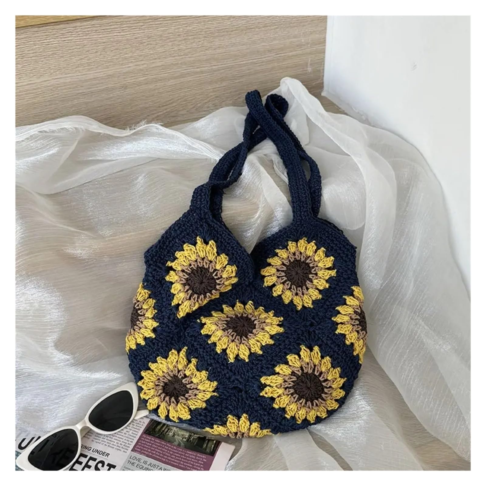 Bolso Ganchillo Flores Bolso de punto de ganchillo floral de moda, bolso de hombro bohemio hecho a mano, bolso de mano informal de gran capacidad for mujer, bolso de verano