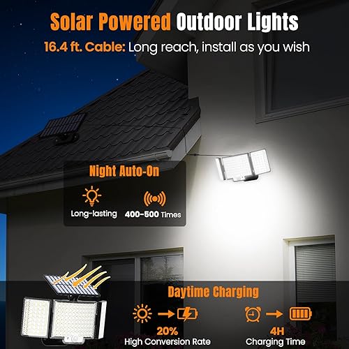 Miniatura 2 de ABODONG Luces solares para exteriores, 212 luces LED de inundación con cable de 16.4 pies, 3 modos de sensor de movimiento, luces para exteriores