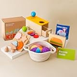 Montessori Toys for Babies 6-12 Months 6 in 1 Learning Educational Toys Set Wooden Toys Play Kit Includes Object Permanence Box, Touch & Match Board, Sensory Ball & Treasure Basket, Soft Baby Book