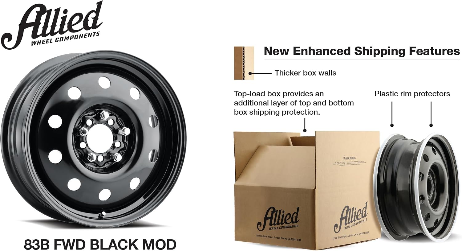 Allied 83B FWD Black Mod 15X6" 5X100 & 5X115 Bolt Patterns +35mm Offset 4.88" BS Satin Black Passenger Car Wheel, Bolt-on OE Replacement, Car Mods, FWD, AWD, SUV and CUV Steel Wheel