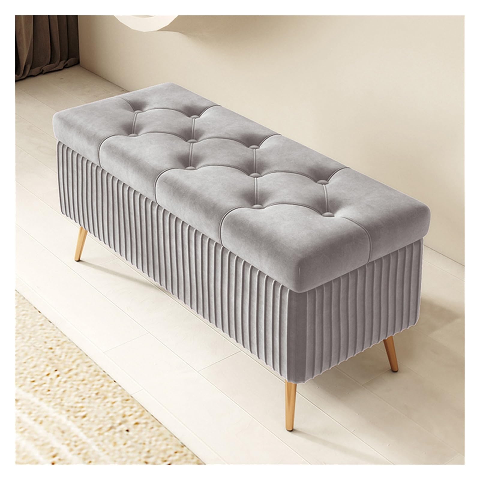 WDSOPK Velvet Storage Bench Foot Stool for Living Room,Upholstered Storage Ottoman with Golden Legs,Rectangular Storage Chest Velvet Footstool for Entryway（Grey-80CM）