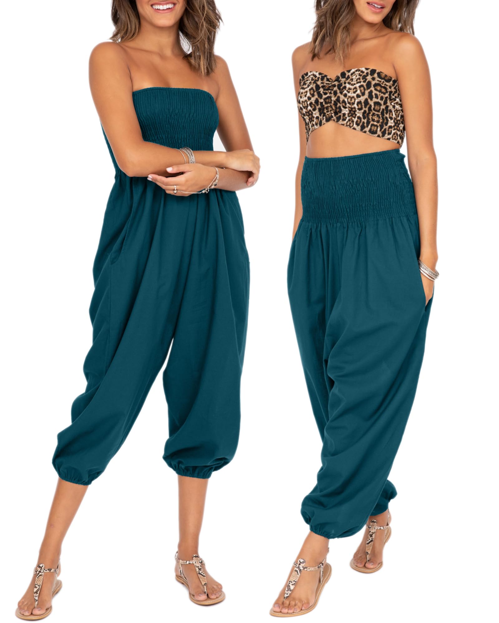likemary Petite Jumpsuit for Women - 2-in-1 Cotton Harem Pants with Pockets - Comfy Elastic Waist