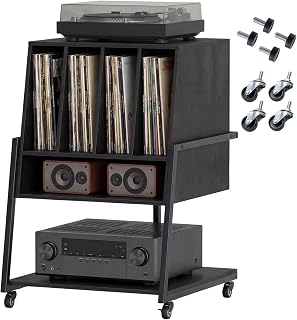 KOMFOTTEU Mueble para Tocadiscos con Ruedas/Patas Ajustables, Mesa para Tocadiscos con Divisores, Soporte de Discos de Vinilo de Madera para Álbumes para Salón (Negro, sin Estación de Carga)