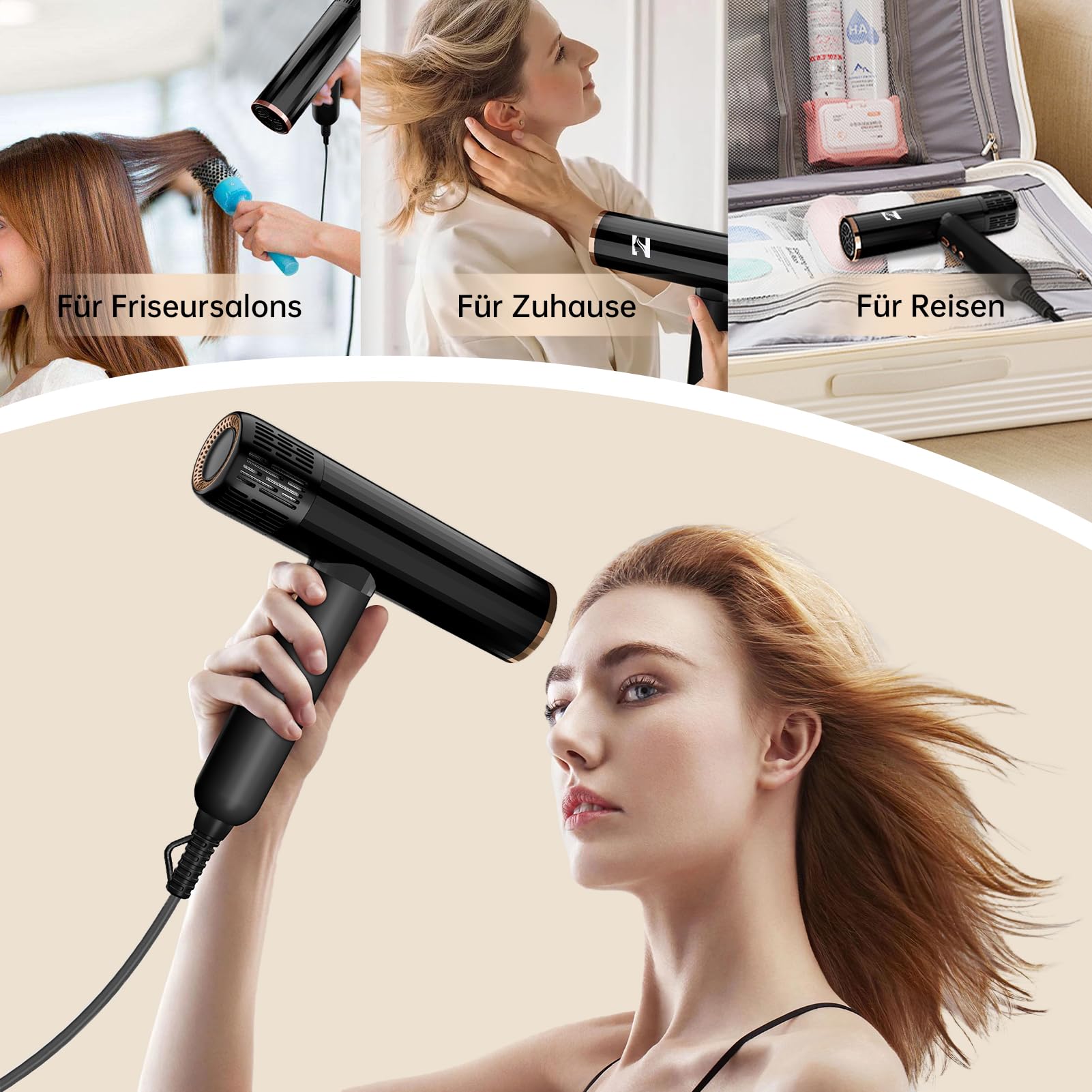 NICEBAY Ionen Föhn mit Diffusor，1900W Hochgeschwindigkeits Haartrockner | Profi Fön mit 110000 U/min BLDC Motor für Schnelles Trocknen, 4 Temperatur- & 3 Luftstufen, Leicht & Leise，Schwarz/Gold