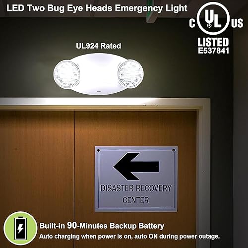 Vista 7 de LIT-PaTH Accesorios de iluminación LED de emergencia con 2 cabezales LED de ojo de insectos y baterías de respaldo, luz de salida estándar de EE.
