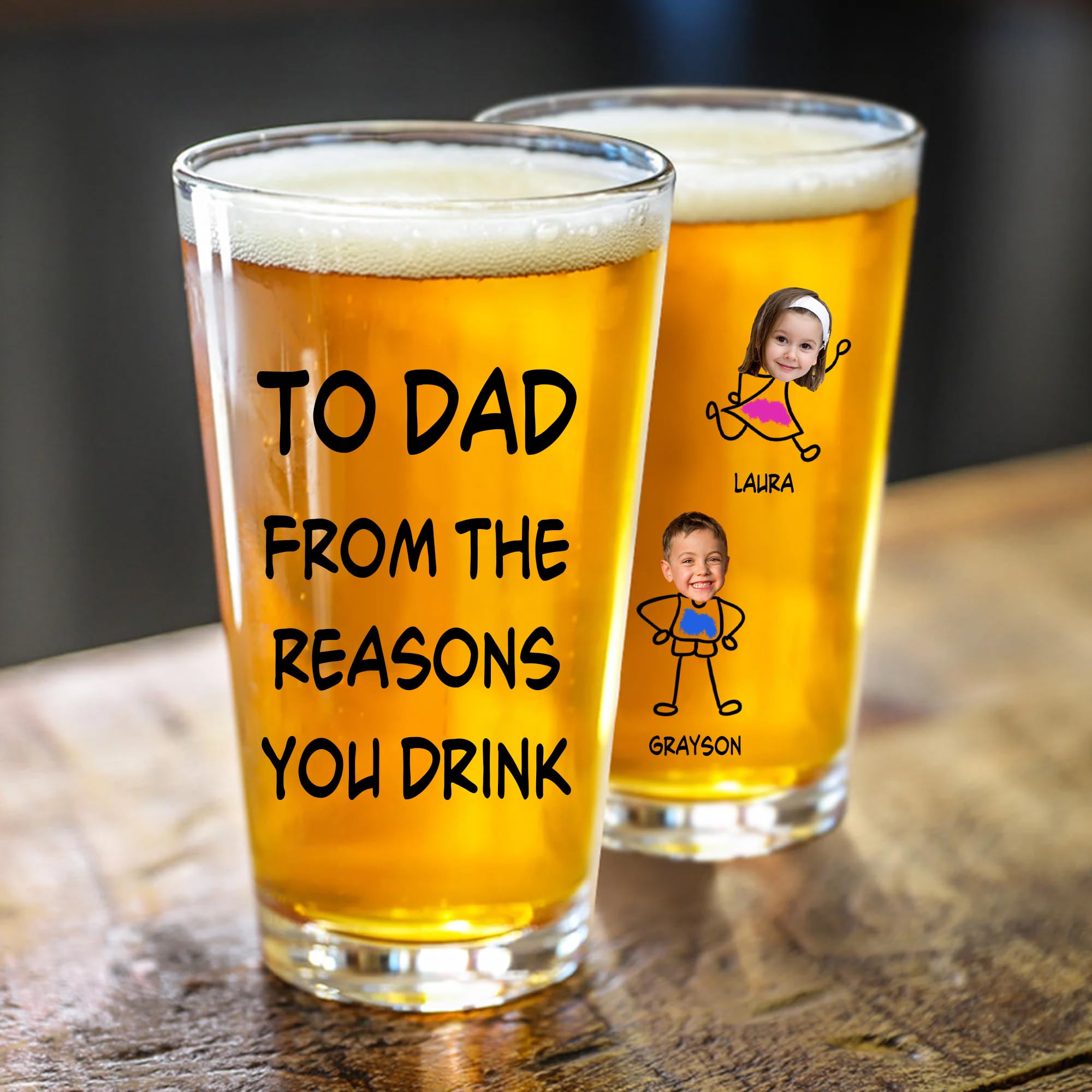 Personalized Beer Glass, To Dad From The Reasons You Drink, Custom Photo Glass Birthday Christmas Fathers Day