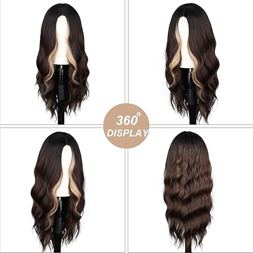 Miniatura 3 de Peluca castaña, pelucas largas onduladas de color marrón para mujer, 26 pulgadas, parte media, peluca sintética rizada natural, resistente al calor,