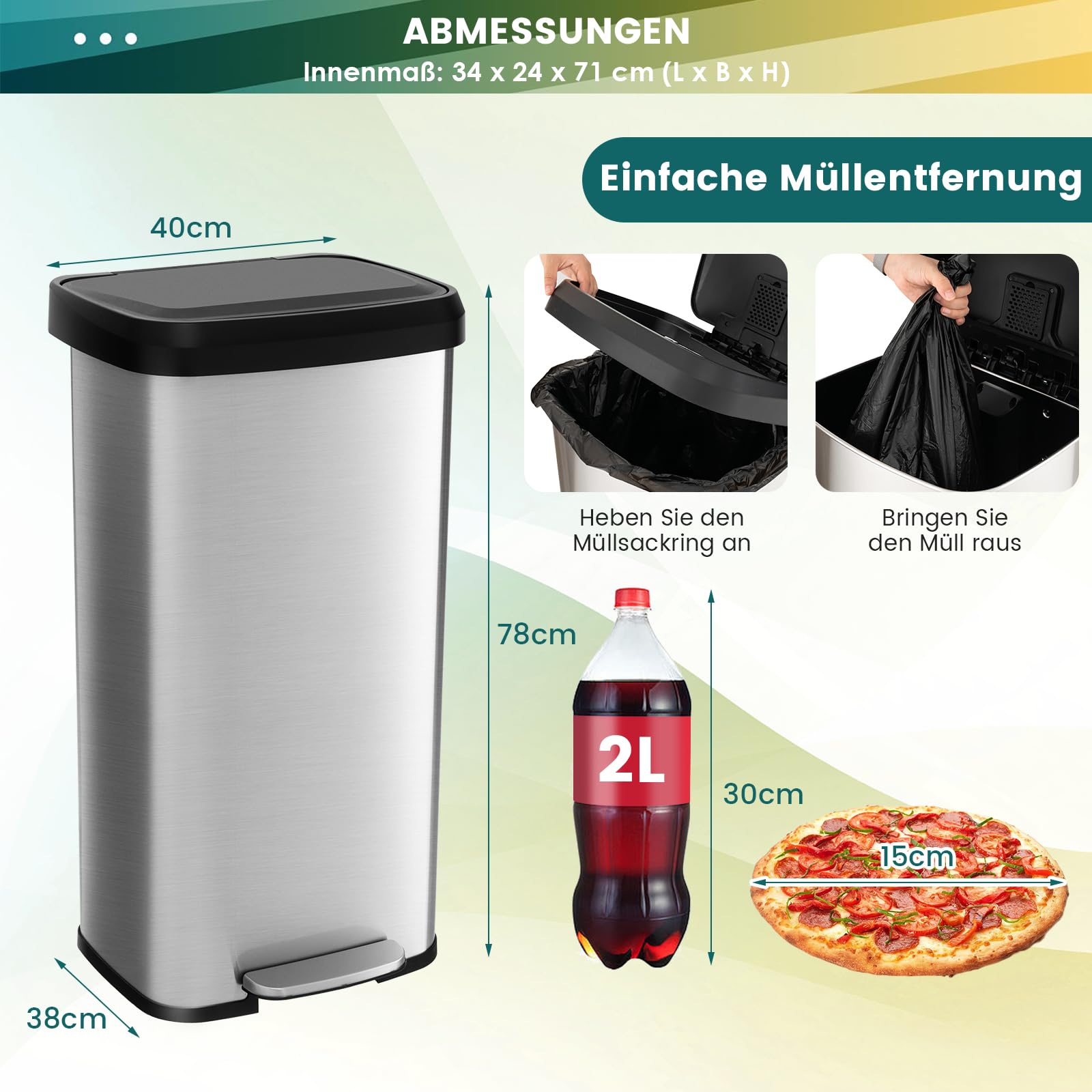 COSTWAY Mülleimer Küche, 68L Abfalleimer, Tretmülleimer mit sanft schließendem Deckel, Mülltrennsystem inkl. Desodorierungsfach, aus Edelstahl und Kunststoff (Silber)