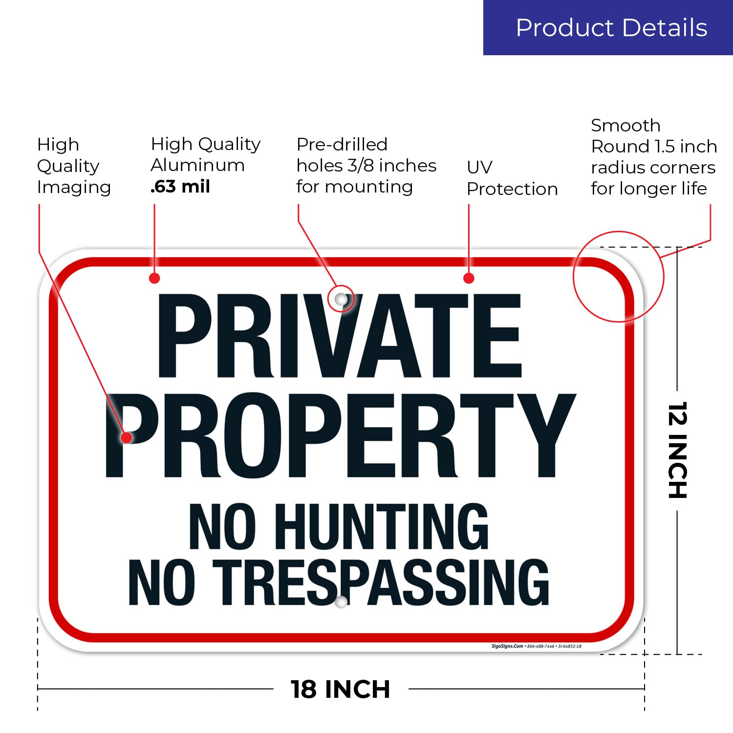 No Hunting No Trespassing Sign, 12x18 Inches, Rust Free .063 Aluminum, Fade Resistant, Made in USA