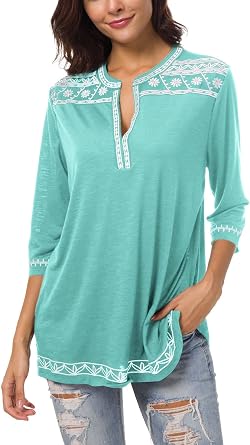 Womens 3/4 Sleeve Boho Shirts Embroidered Peasant Top