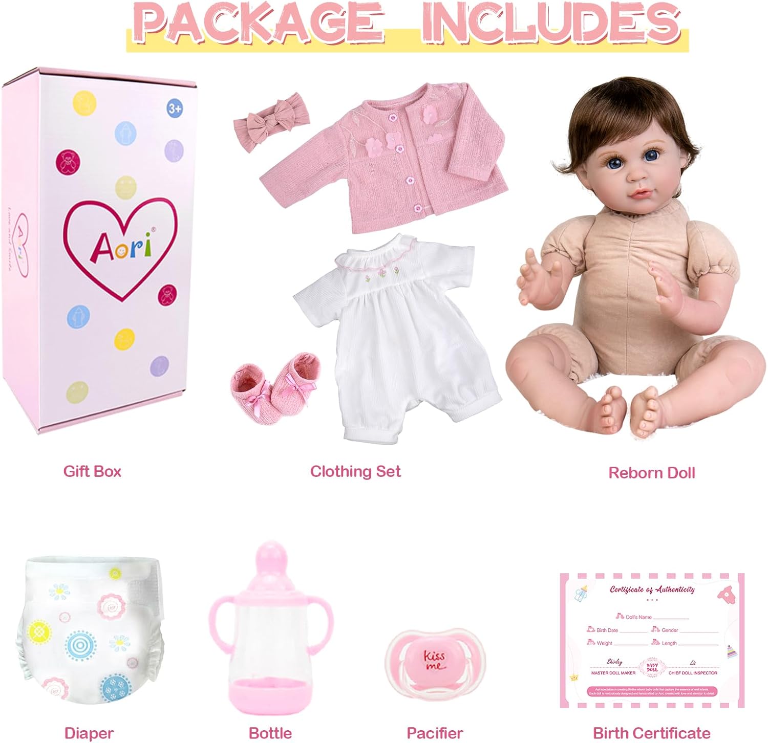 Aori Realistic Reborn Baby Dolls - 22 Inch Lifelike Baby Girl with Feeding Bottle & Pacifier, Weighted Cloth Body for True-to-Life Feel, Gift for Kids Ages 3+