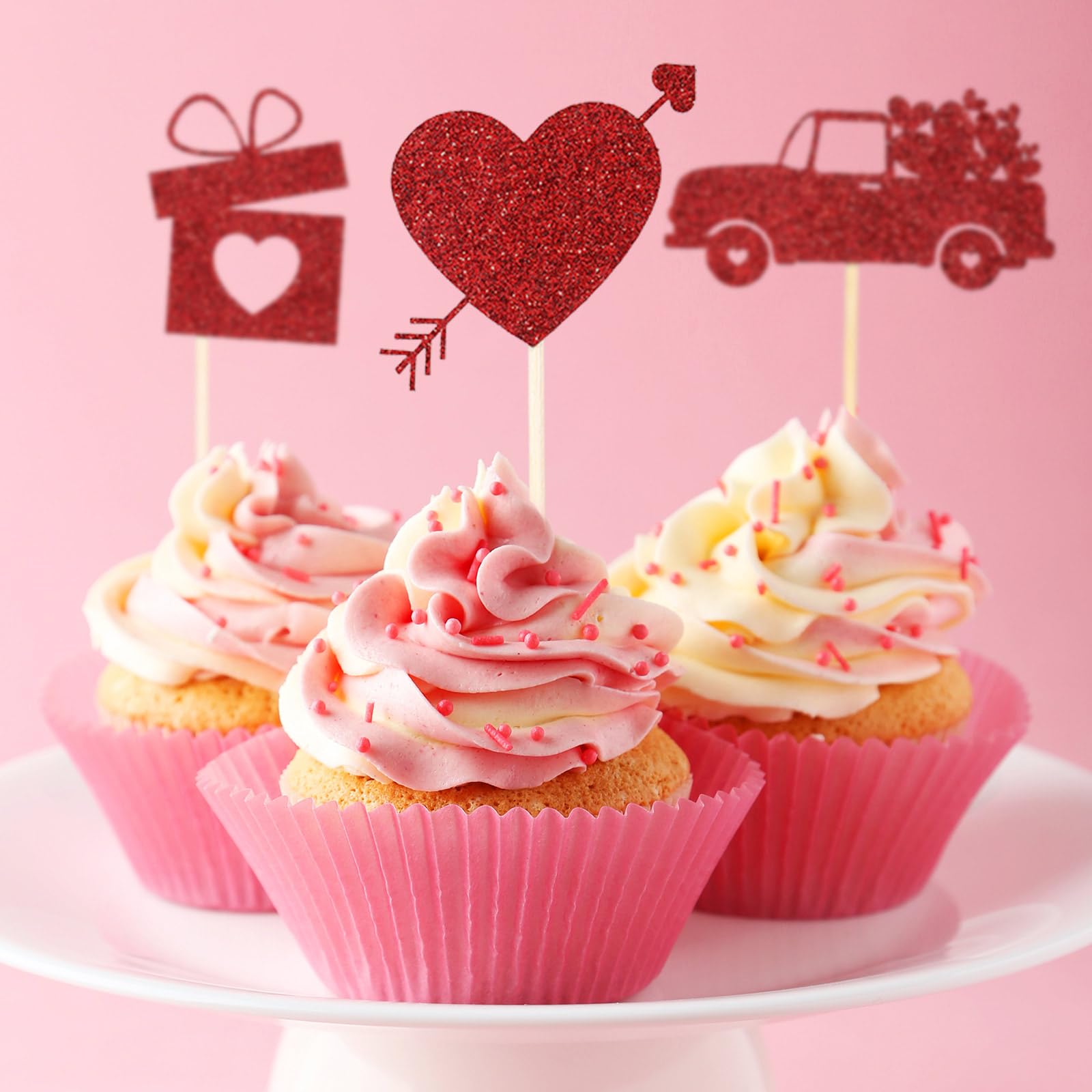 Rsstarxi 30 Stück Valentinstag Cupcake-Topper – Rote Glitzer-Herzen, Für Hochzeit, Party, Deko