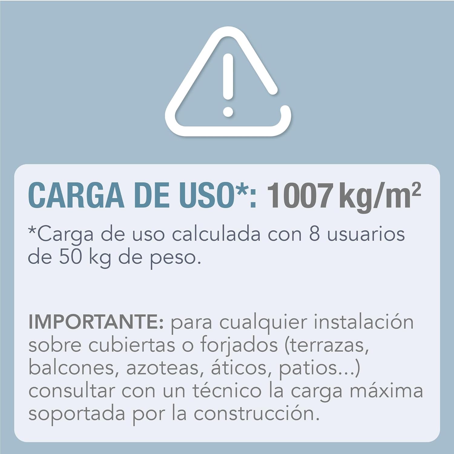 Warning sign indicating a maximum load capacity of 1007 kg per square meter for the pool