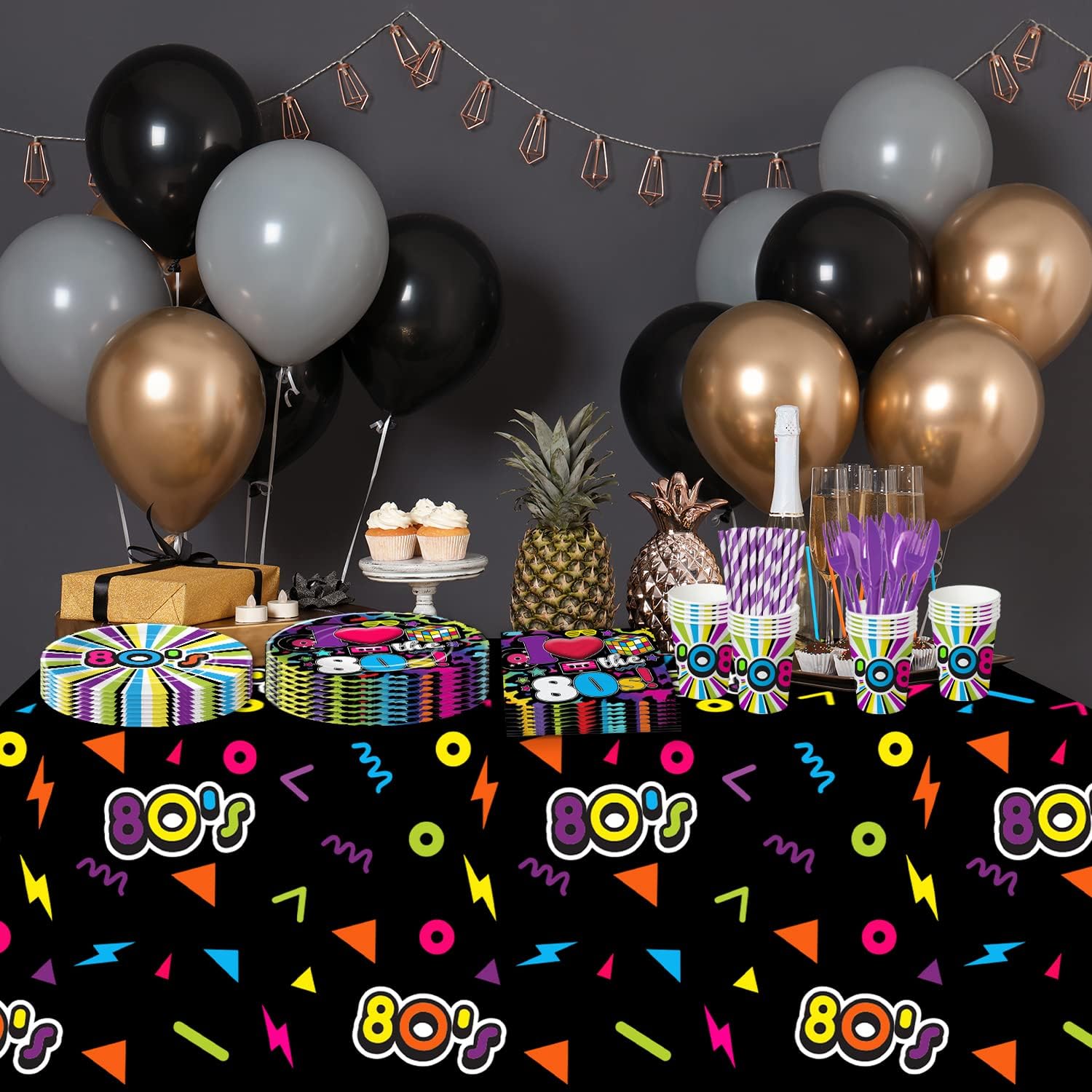 80's Party Decorations Tableware - 80's Theme Party Supplies Include Paper Plate, Cups, Napkins, Tablecloth, Cutlery, Straws, 80s Birthday Party Decorations and Supplies Dinnerware | Serve 24