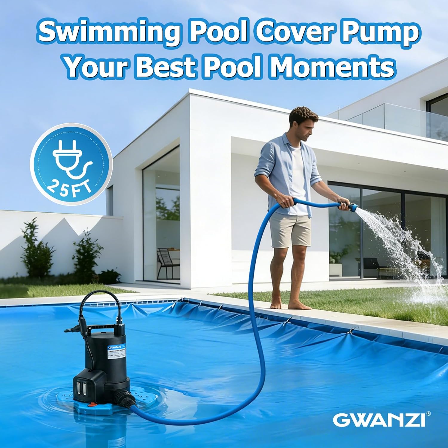 380W Automatic Swimming Pool Cover Pump 3500GPH Submersible Water Pump with 3/4” Check Valve Adapter & 25ft Power Cord 110V Sump Pump for Swimming Pool Hot Tubs Pond Basement Rooftops