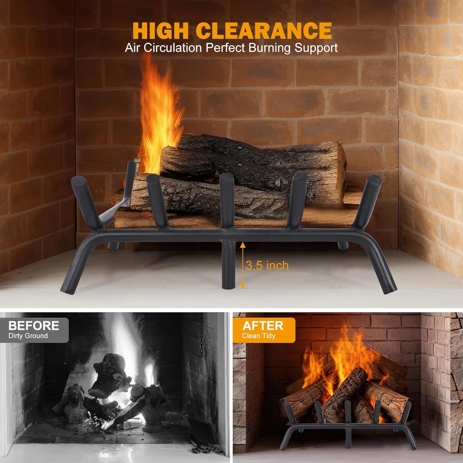 Fireplace Grate 17inch with Ember Retainer | Fireplace Log Grate with Heavy Duty Solid Round Steel 3/4” Bar | No Assembly Required Hearth Grate for Firepit Firewood Log Indoor Wood Stove Burning