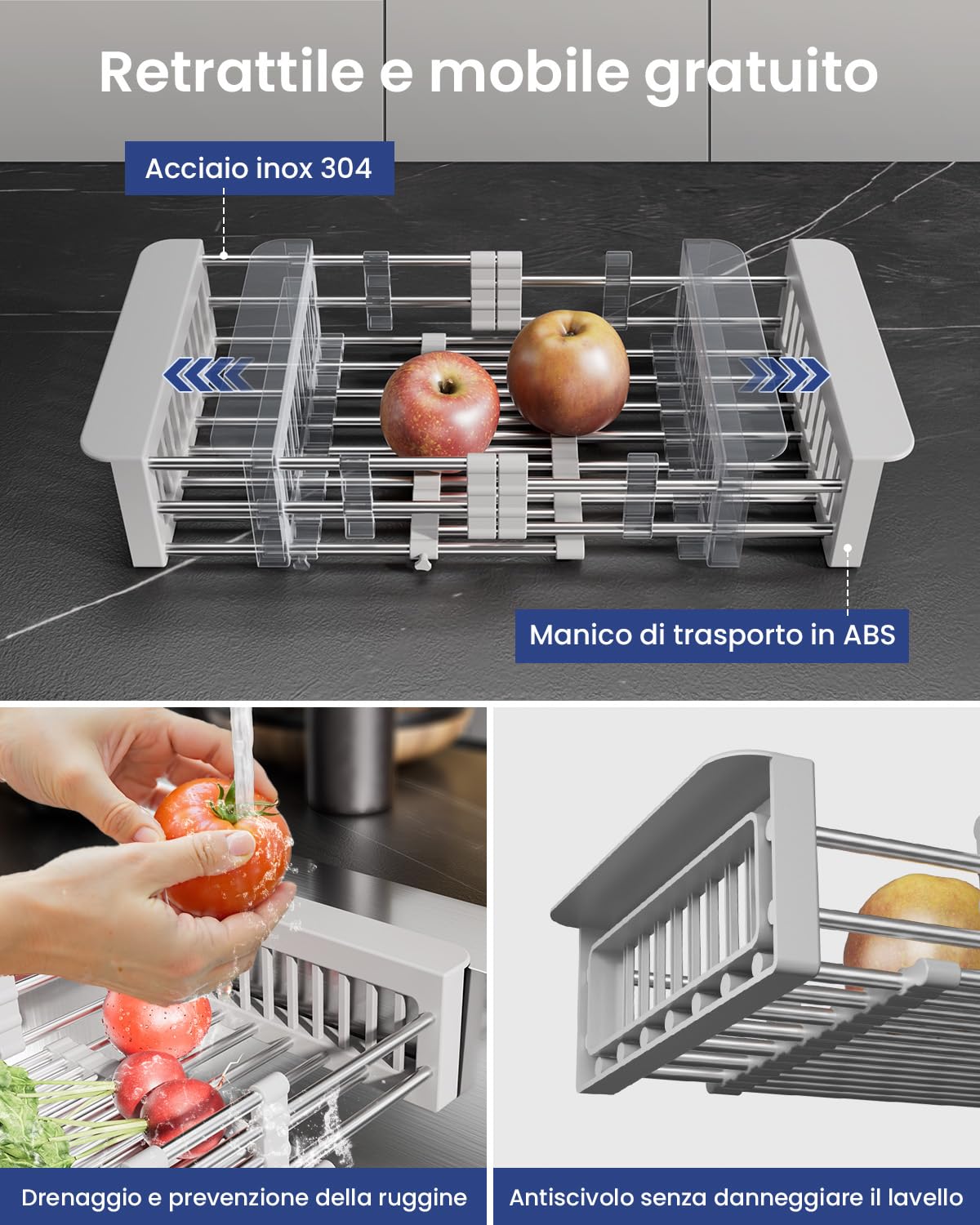 SUS 304 - Lavello da cucina da 60 x 45 cm, moderno lavello da incasso, rettangolare, in acciaio inox, per sottolavelli a partire da 60 cm, con 2 fori per rubinetto e sifone