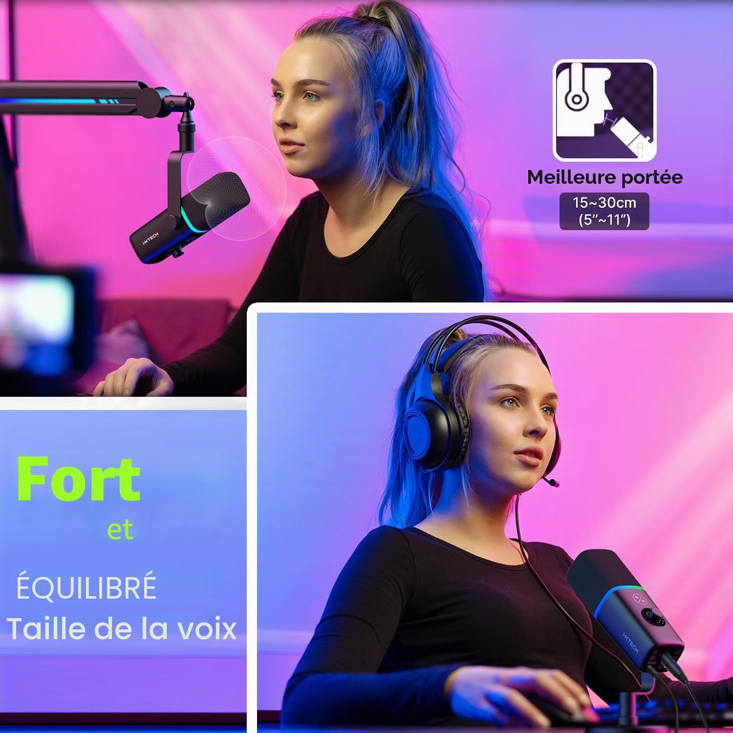 IXTECH Microphone USB de jeu pour PC, microphone à condensateur d'annulation de bruit pour podcasts et streaming vidéo avec trépied, filtre anti-pop, support antichoc, contrôle du gain, lumières RVB,