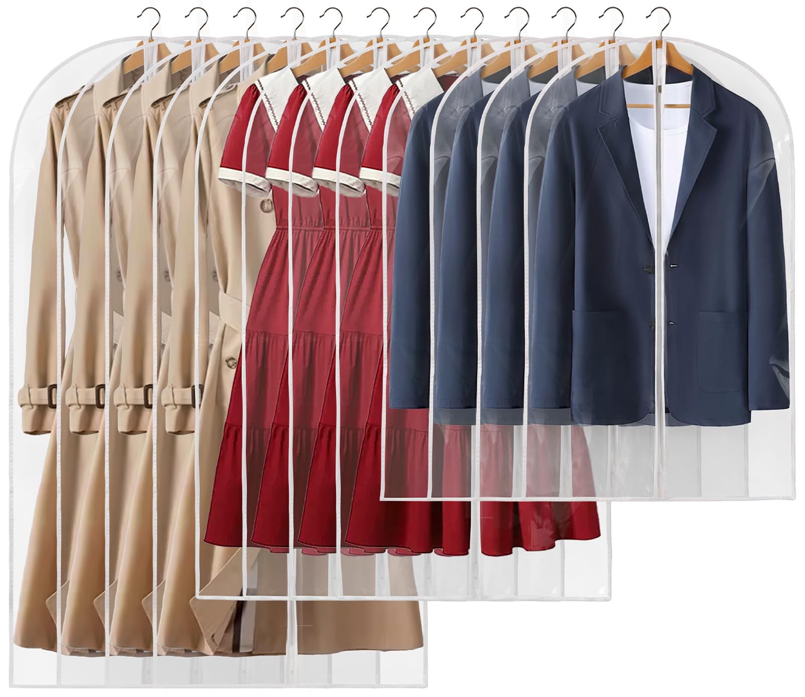 Perber 12 Packs All Clear Garment Bags for Hanging Clothes, Suit Bags for Closet Storage, Plastic Waterproof Suit Cover Bags with Zipper for Coats, Jackets, Dresses (24" x 40" & 48" & 55")