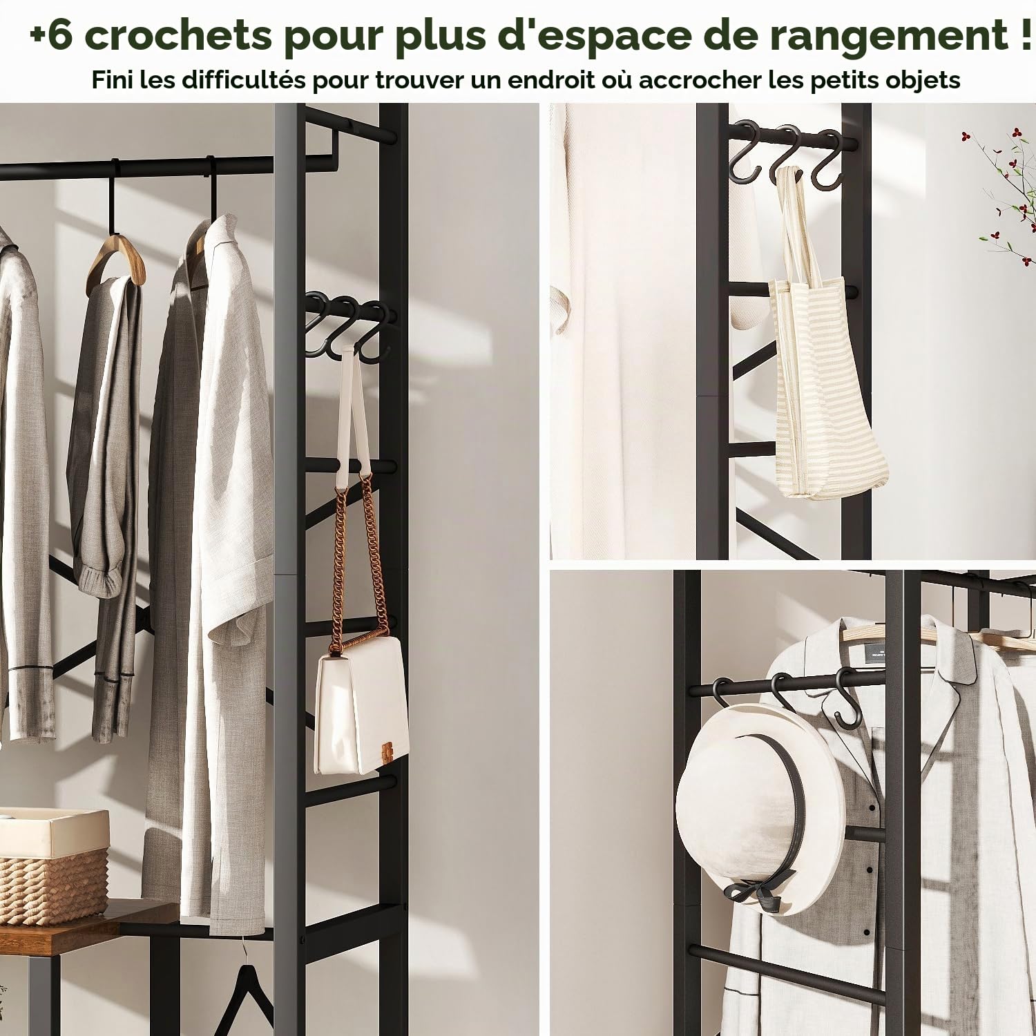 IBUYKE Portemanteau autonome avec 4 Roulettes Pivotantes à 360°, avec étagères et crochets, porte-manteau industriel pour entrée, couloir, chambre à coucher, Marron Rustique TMJ089H