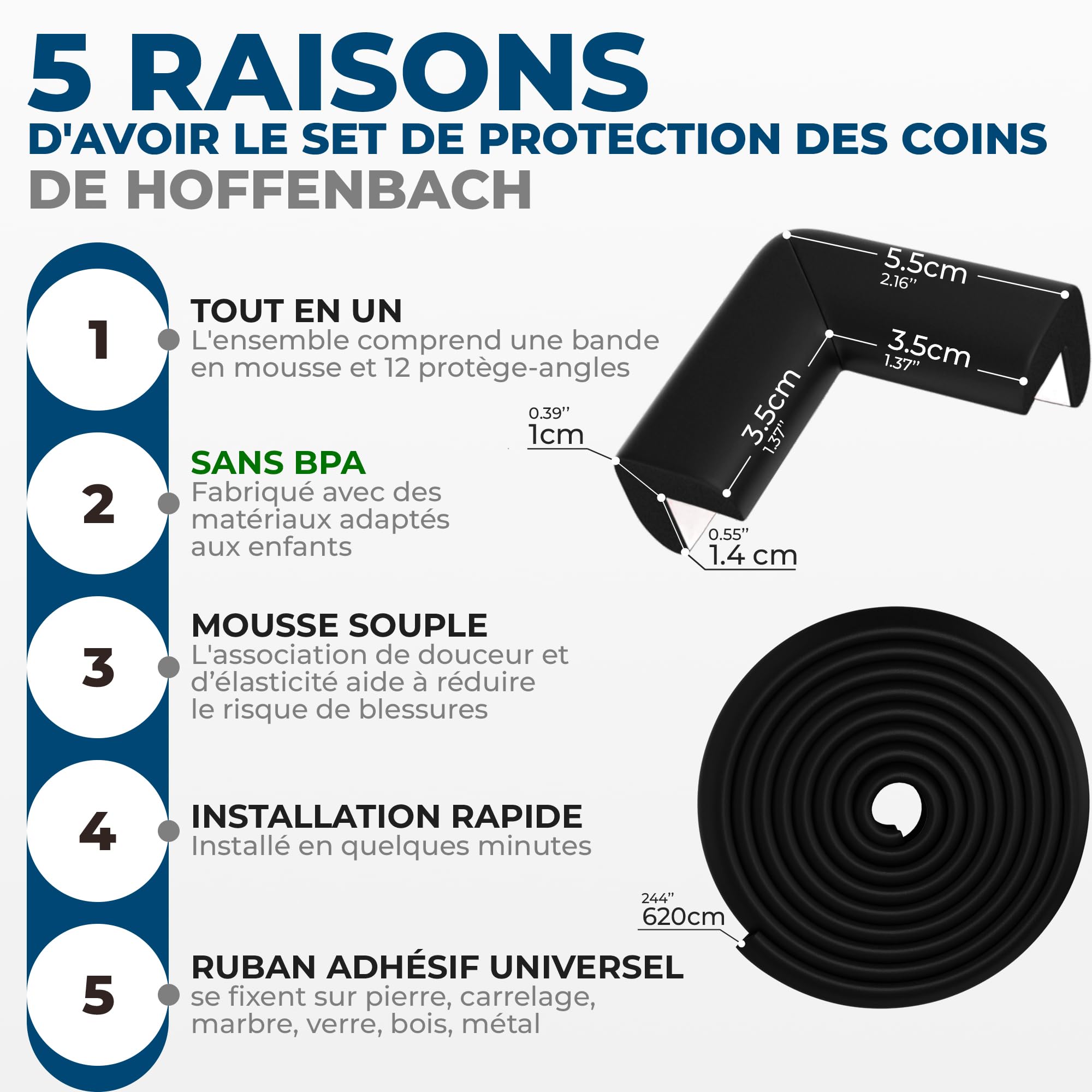 Hoffenbach Protection en Mousse pour Bords & Coins – Bande de Sécurité 6,2 m pour Table & 12x Coussins d’Angle – Lit Bébé – Adhésifs Antichoc – Noir