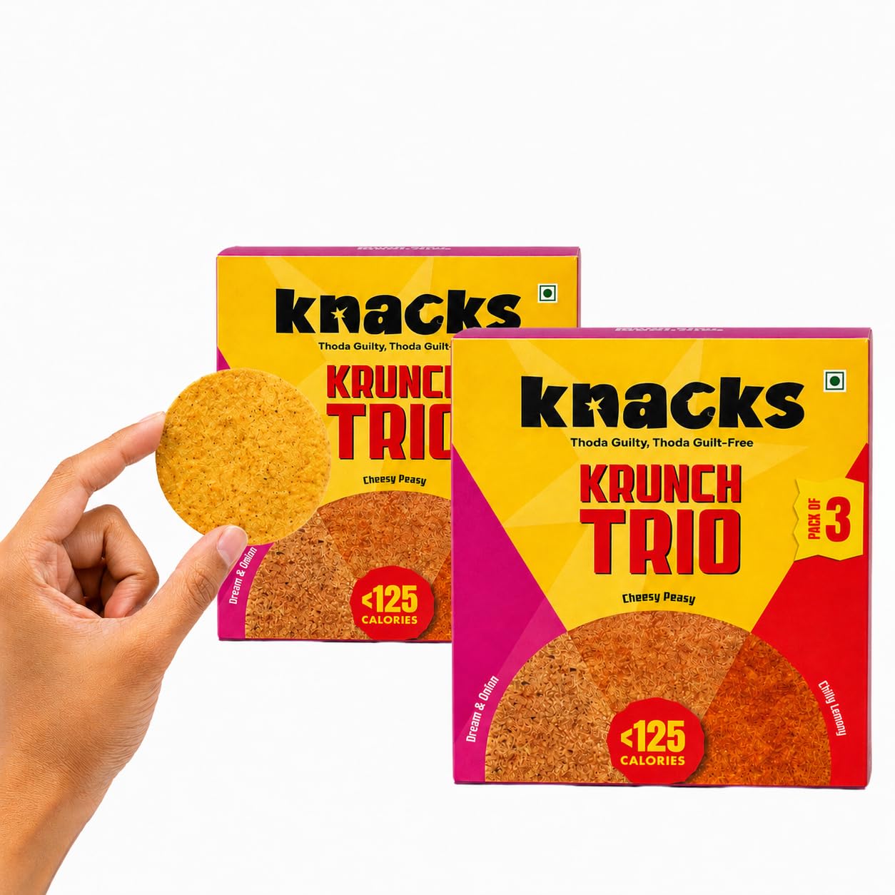 Knacks Triopack Duo | 2 Packs of Cheese + Chilli Lemon + Cream & Onion Coin Khakhra, 12 x 30g | Healthy Snack Gift Box | No Palm Oil, No Maida, Not Fried | High Protein-image-31